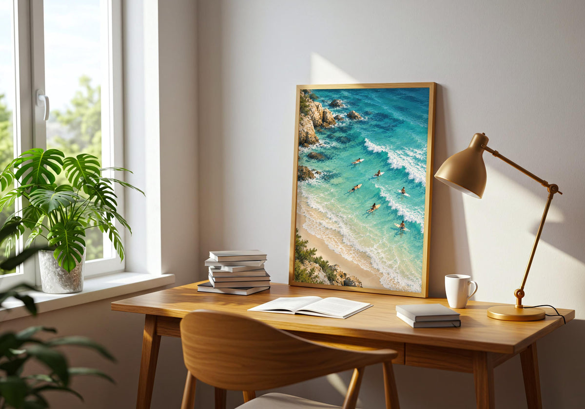 The room image includes the pale sandy shore in a frame on a desk beside a brass task lamp.