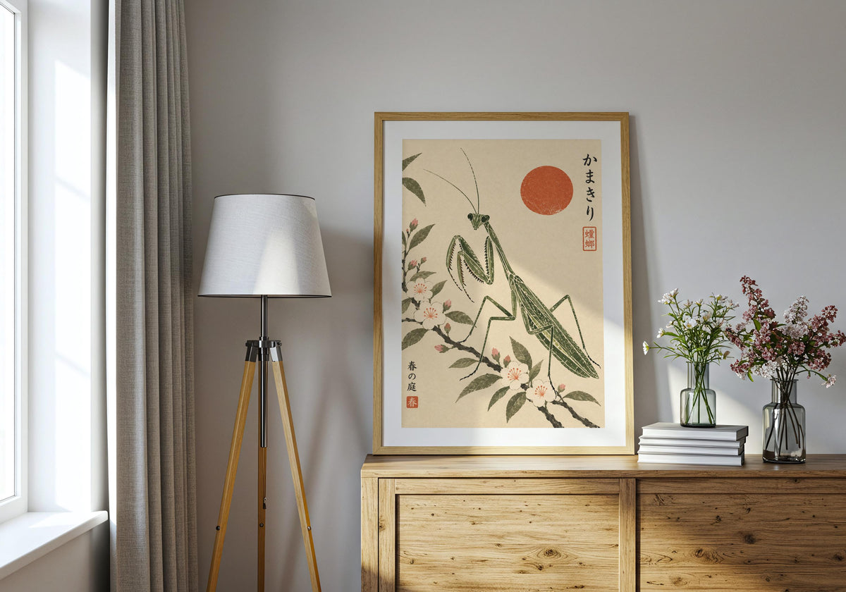 Placed above a wooden chest beside a tripod lamp, the artwork shows green garden leaves.
