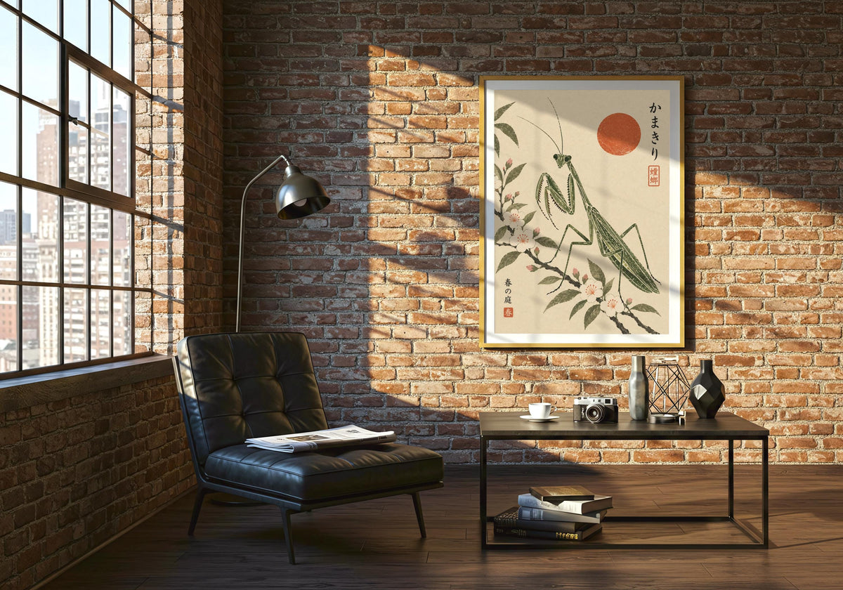 Shown on a brick wall above a black chair, the illustration features pale flowers on fine stems.