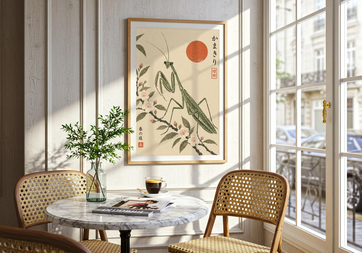 An interior view displays the small red sun and foliage on the wall beside a round marble dining table.