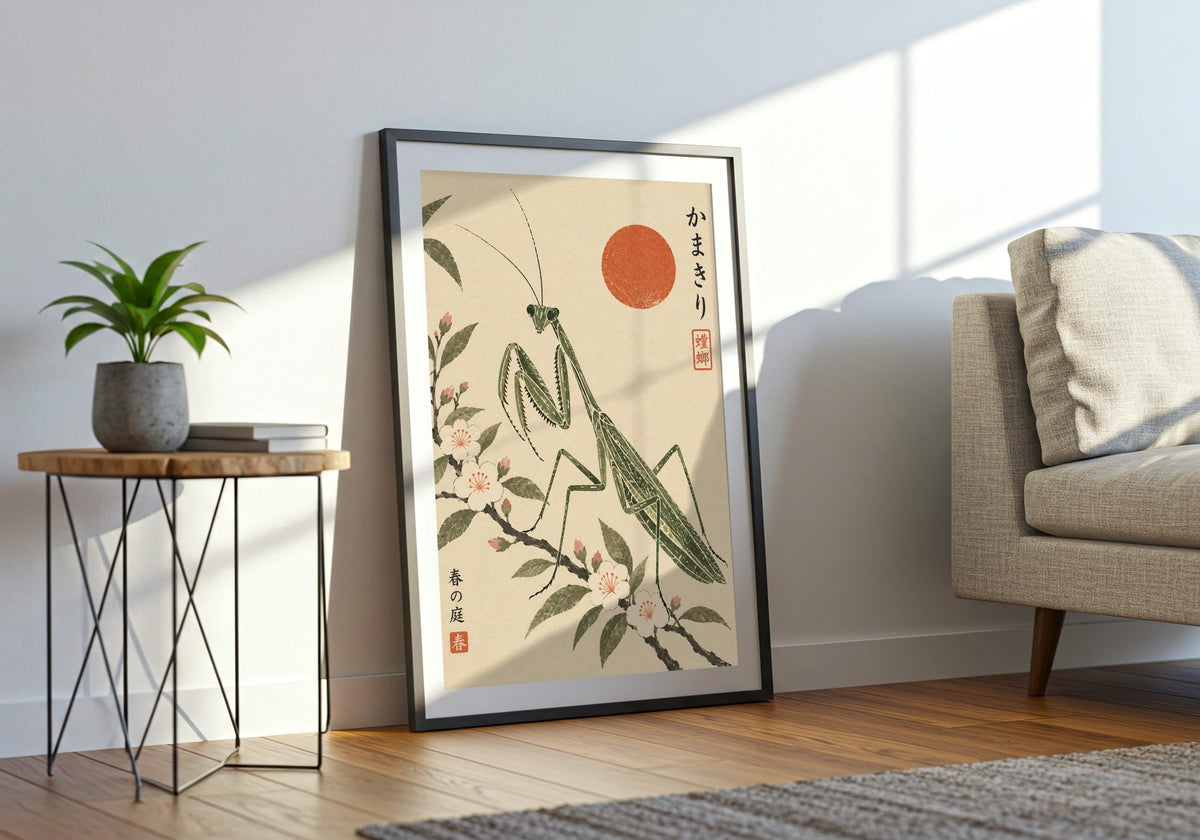The final room mockup features the spring-garden mantis illustration in the artwork on the floor beside a sofa and small plant.