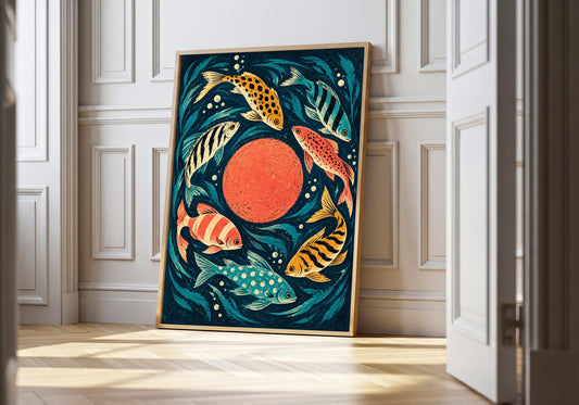 A framed view of seven stylised fish around a coral sun is displayed at a white doorway.
