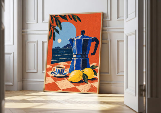 A framed view of the cobalt moka pot and lemons is displayed at a white panelled doorway.