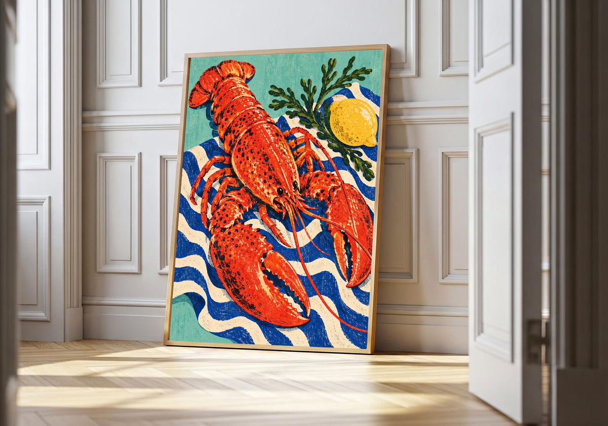 A framed view of the vivid red lobster is displayed at a white panelled doorway.