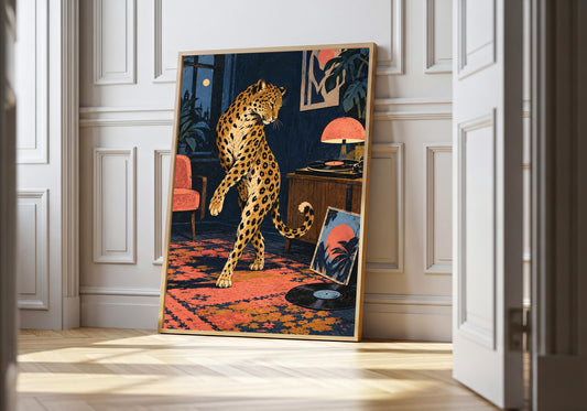 A framed view of the upright leopard is displayed at a white doorway.