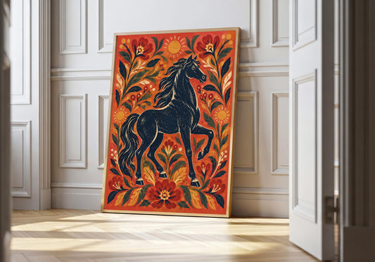A framed view of the black folk-art horse is displayed at a white panelled doorway.