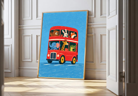 A framed view of the red animal bus is displayed at a white panelled doorway.