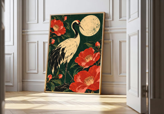 A framed view of the crane among red camellias is displayed at a white doorway.