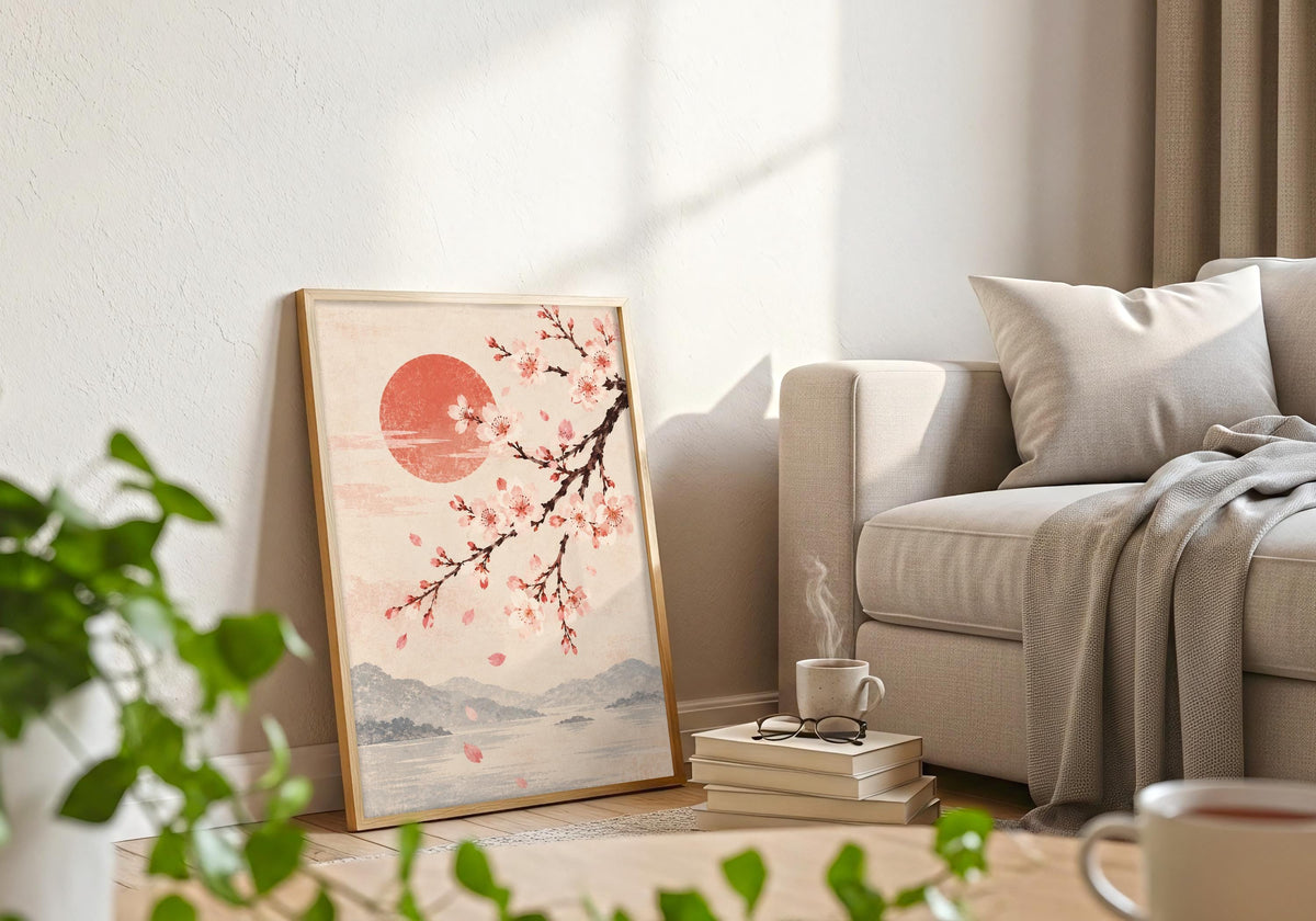 This white frame room composition uses woodblock style to highlight cherry blossom branch over misty mountains.