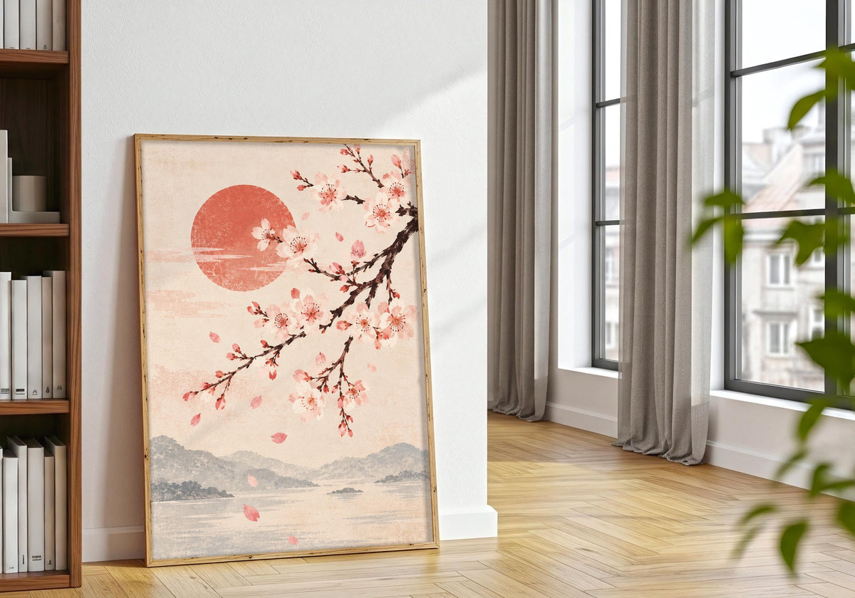 Against the natural frame plants, cherry blossom branch over misty mountains reads clearly as painterly wall art.