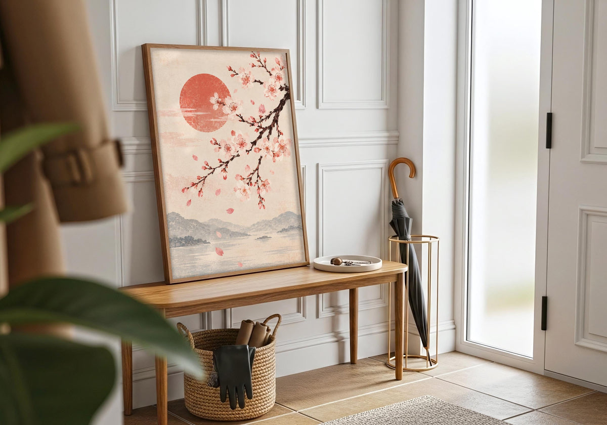 A final white frame room wide view shows how cherry blossom branch over misty mountains works as portrait art print.