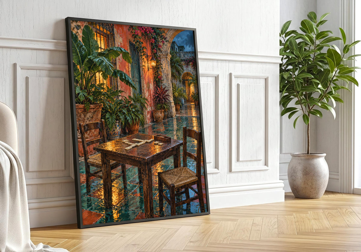 A closer black frame greenery view centres the framed cultural wall art featuring havana domino table after rain.