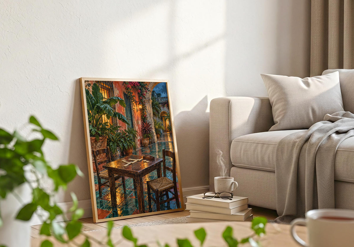 This white frame room composition uses market scene print to highlight havana domino table after rain.