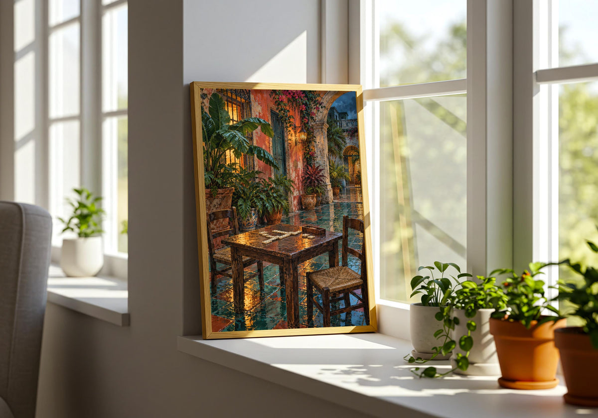 The contemporary green plant room gives the colourful art print depiction of havana domino table after rain room to breathe.