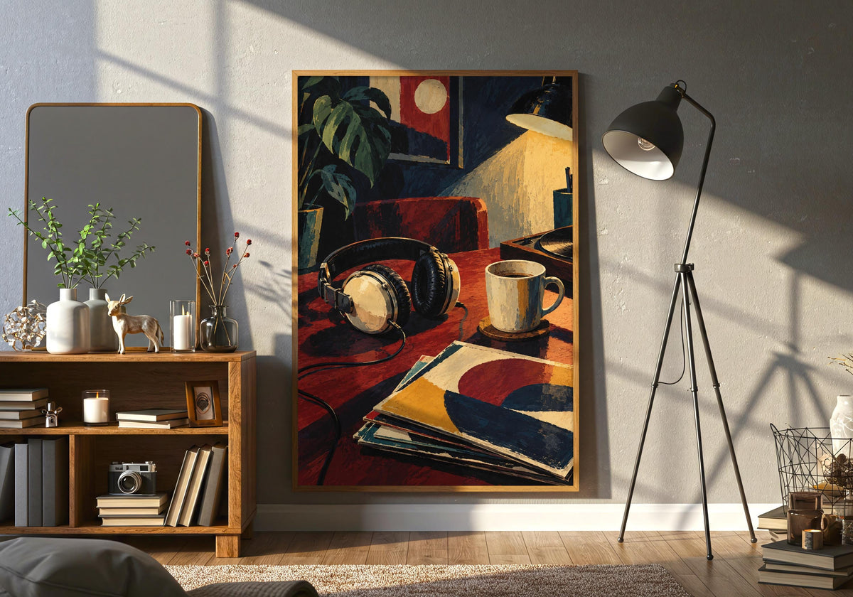 A closer sofa detail view centres the framed music wall art featuring headphones beside the cold coffee.