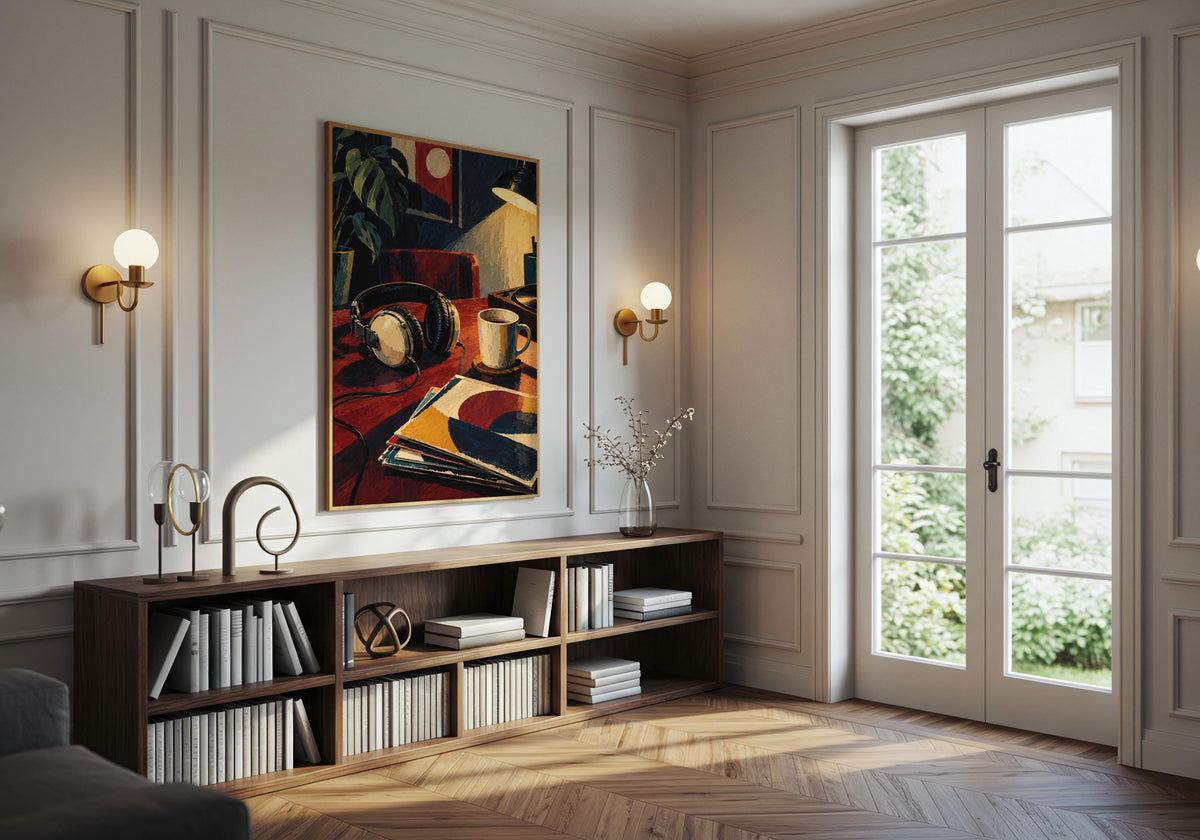 This leafy living room composition uses record room decor to highlight headphones beside the cold coffee.