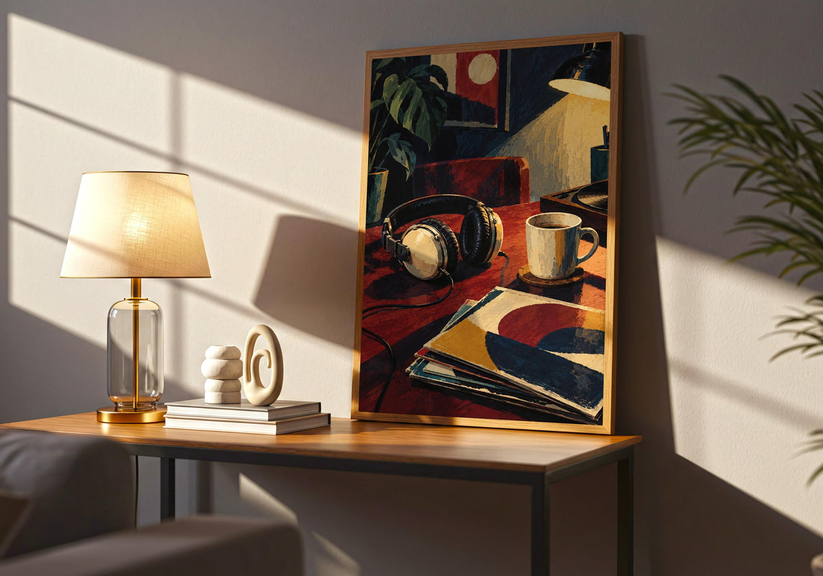 A final sideboard room view shows how headphones beside the cold coffee works as portrait art print.