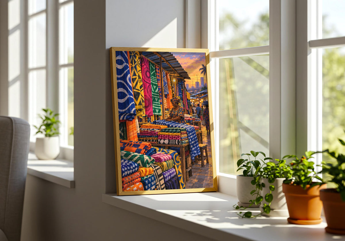 The contemporary green plant room gives the colourful art print depiction of lagos fabric stall at closing time room to breathe.