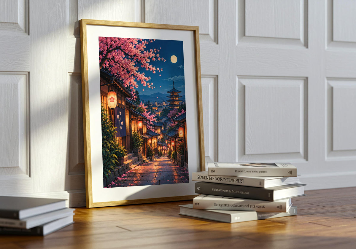 Greenery surrounds moonlit lanterns in kyoto’s cherry blossom lane in this green plant lounge presentation of japandi wall art.