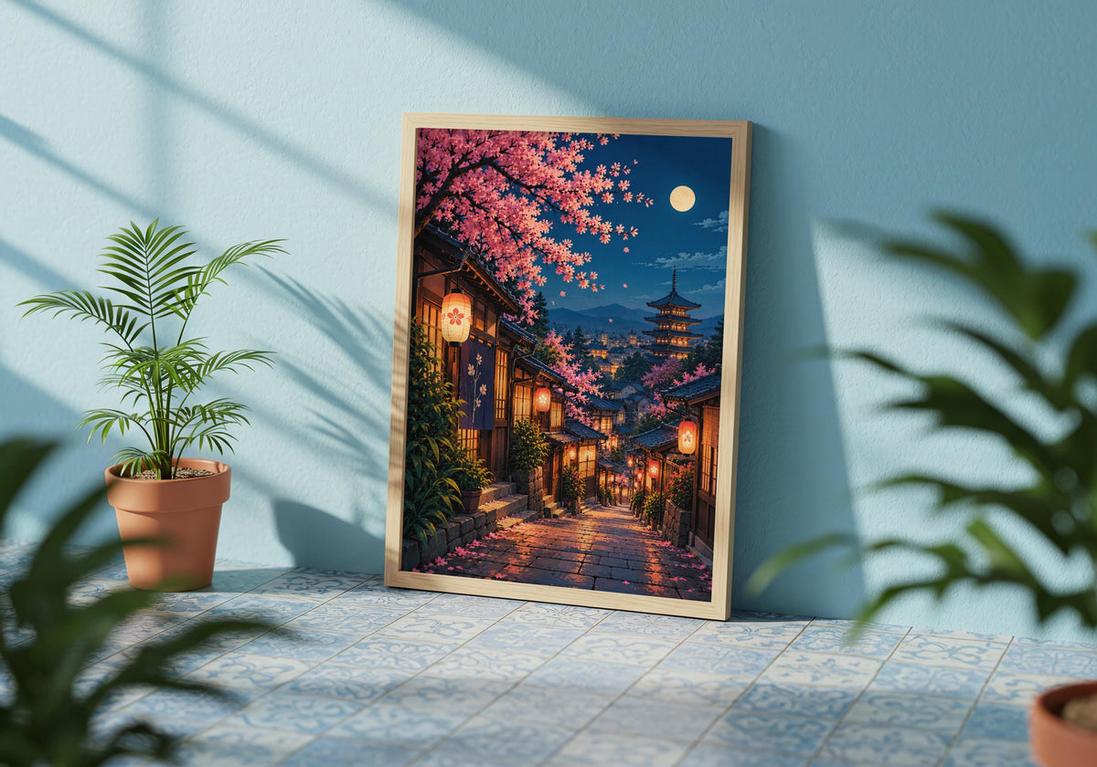 This armchair room composition uses woodblock style to highlight moonlit lanterns in kyoto’s cherry blossom lane.