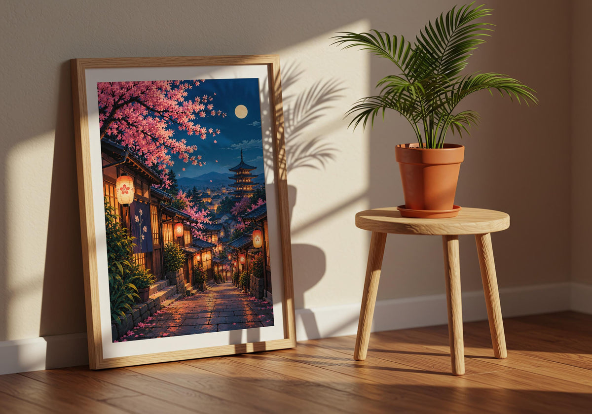 Against the window room, moonlit lanterns in kyoto’s cherry blossom lane reads clearly as painterly wall art.