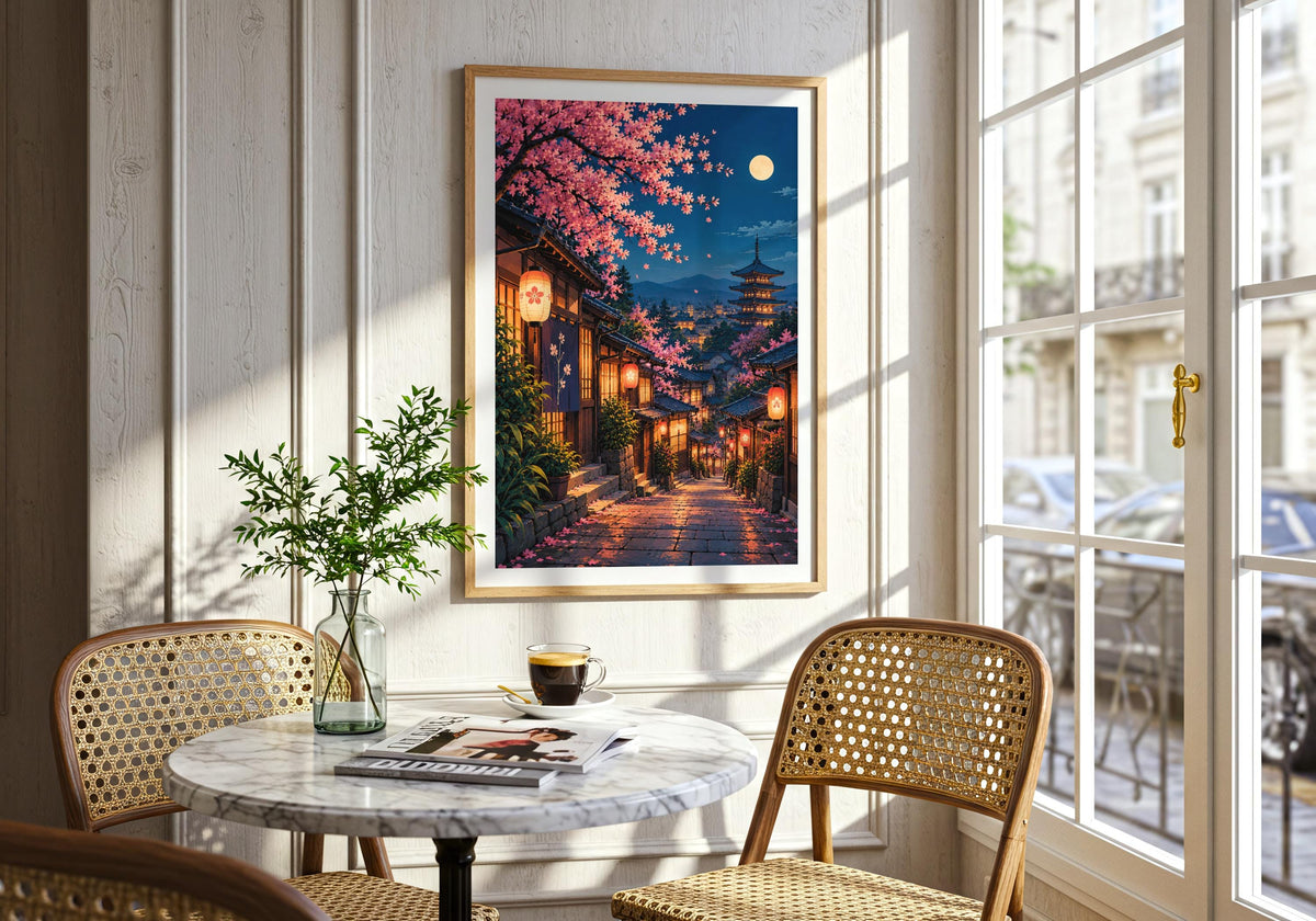 The contemporary console wall gives the colourful art print depiction of moonlit lanterns in kyoto’s cherry blossom lane room to breathe.