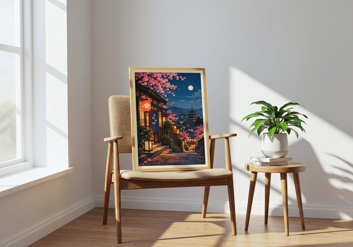 Moonlit sakura lantern street hangs within the chair room, styled as moonlit sakura poste.