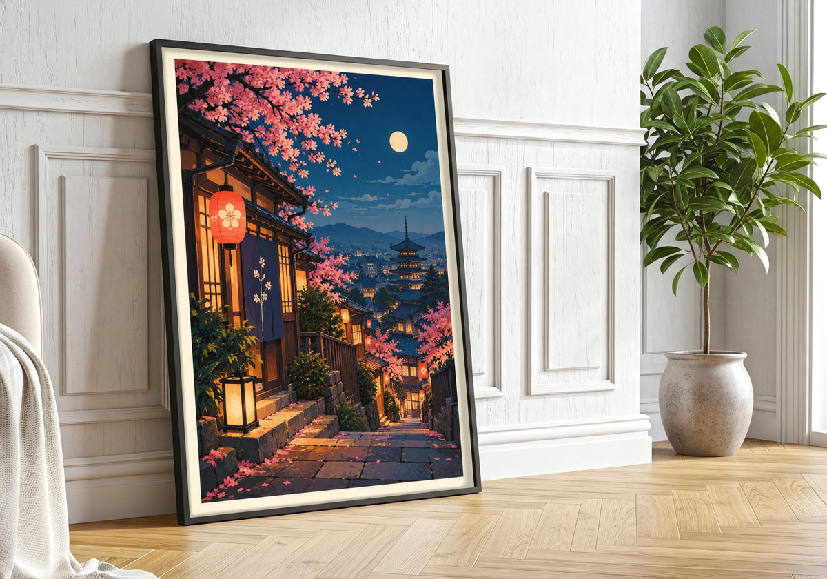 A closer black frame greenery view centres the framed japanese wall art featuring moonlit sakura lantern street.