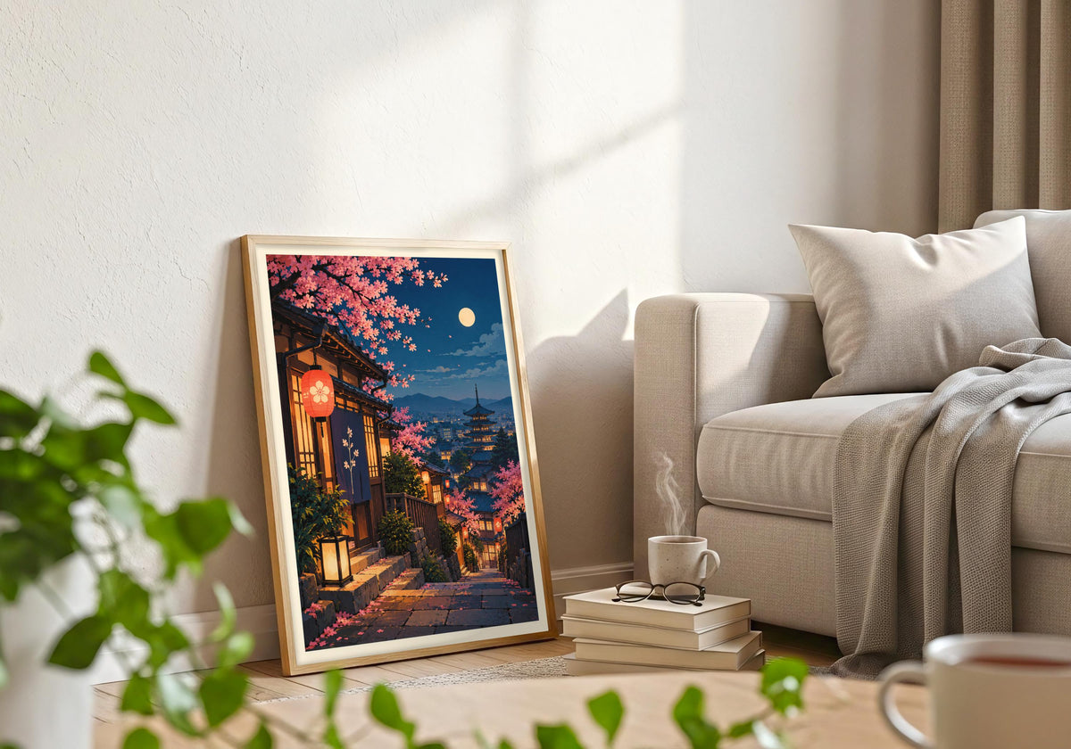 This white frame room composition uses woodblock style to highlight moonlit sakura lantern street.
