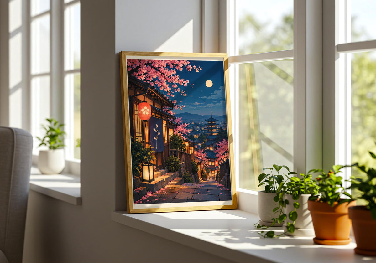 The contemporary green plant room gives the colourful art print depiction of moonlit sakura lantern street room to breathe.