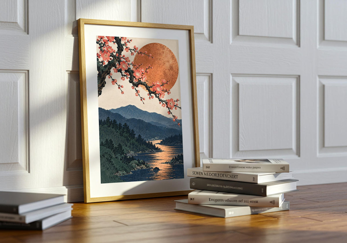 Greenery surrounds plum blossom and copper moon in this green plant lounge presentation of japandi wall art.