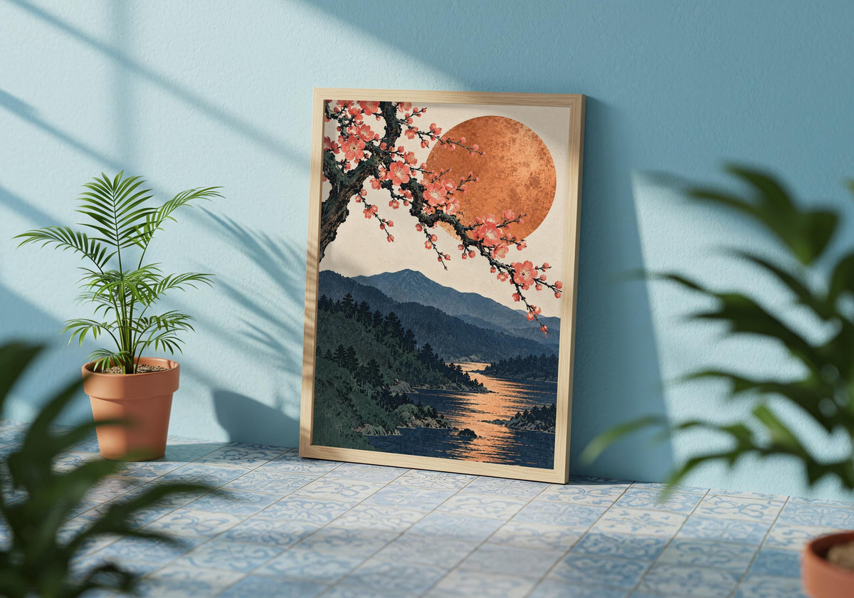 This armchair room composition uses woodblock style to highlight plum blossom and copper moon.