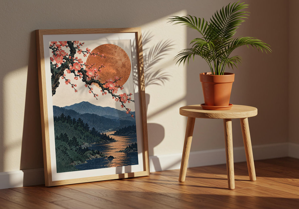 Against the window room, plum blossom and copper moon reads clearly as painterly wall art.