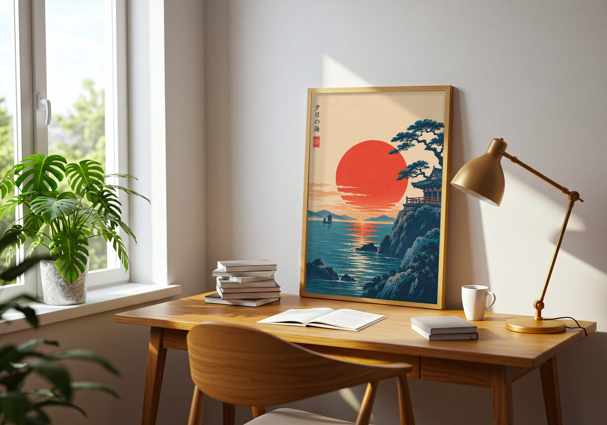 The sideboard room setting pairs sunset temple by the sea with a restrained temple by sea display.