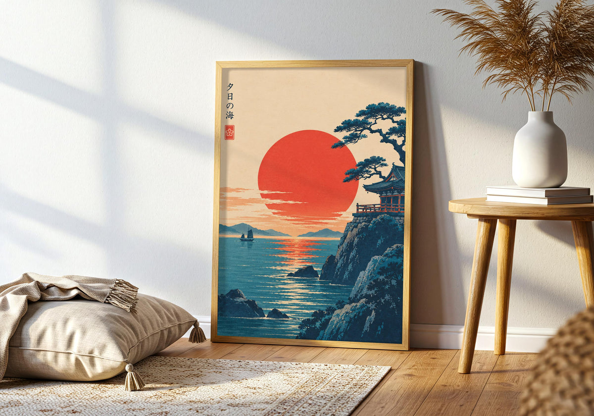 A closer living room view centres the framed japanese wall art featuring sunset temple by the sea.