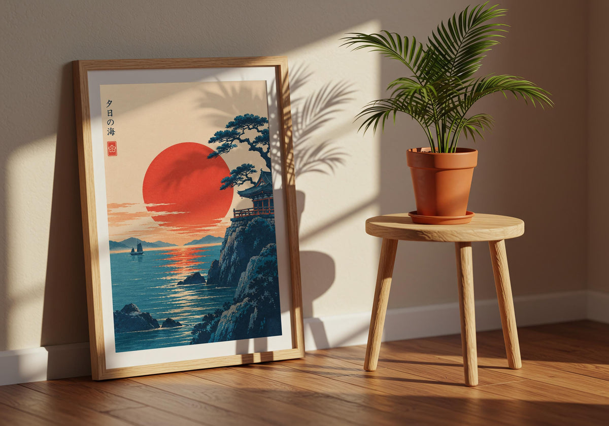 Against the window room, sunset temple by the sea reads clearly as painterly wall art.