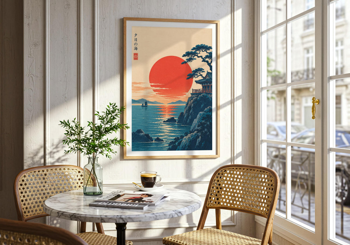 The contemporary console wall gives the colourful art print depiction of sunset temple by the sea room to breathe.