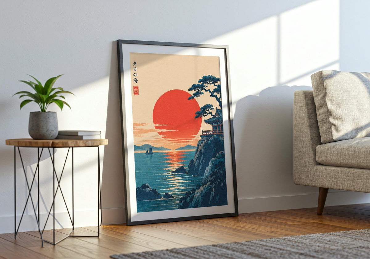 A final living room wide view shows how sunset temple by the sea works as portrait art print.