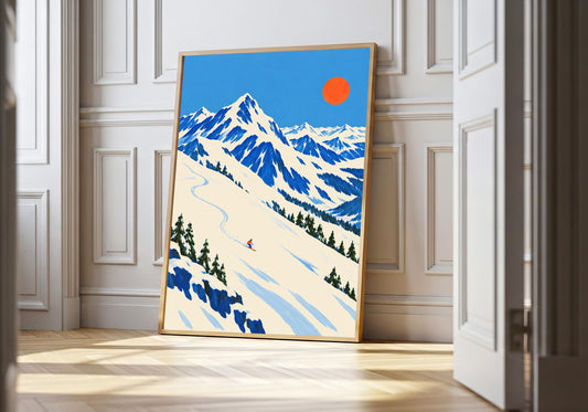 A light wood hero frame presents alpine sun and solitary skier as ski art print in a clean interior.