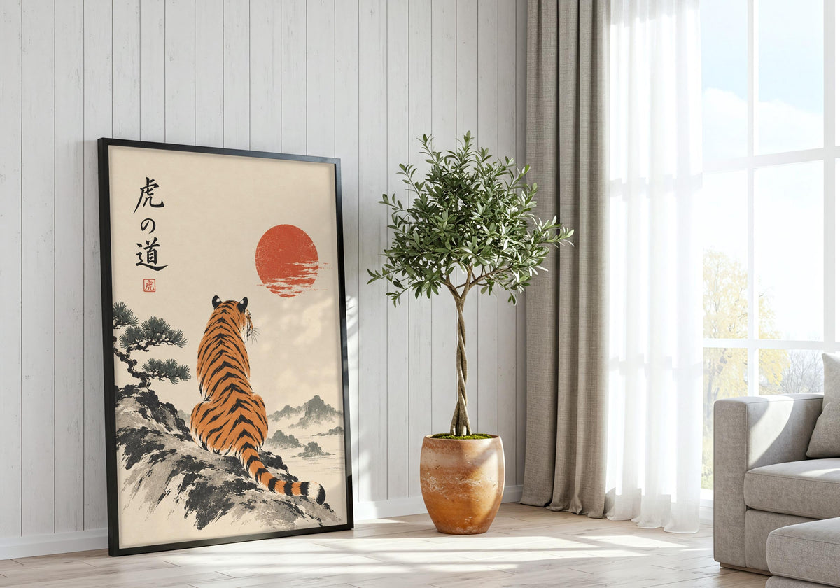 In the window wall, framed tiger crimson sun shows tiger beneath the crimson sun.