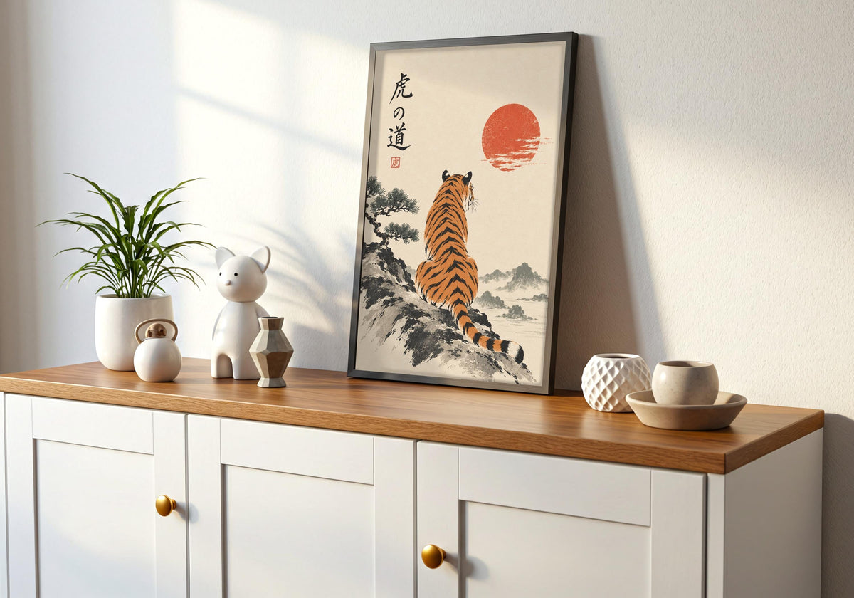 The console wall setting pairs tiger beneath the crimson sun with a restrained tiger crimson poster display.
