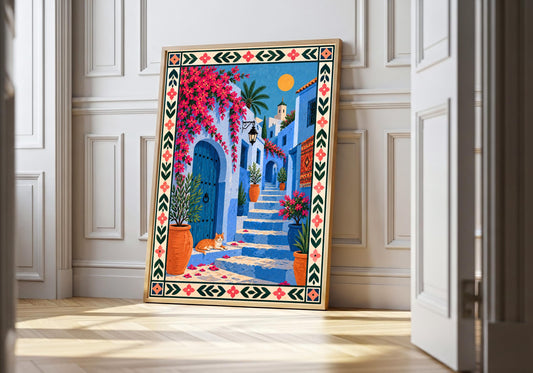 A light wood hero frame presents blue alley cat in bloom as cat wall art in a clean interior.