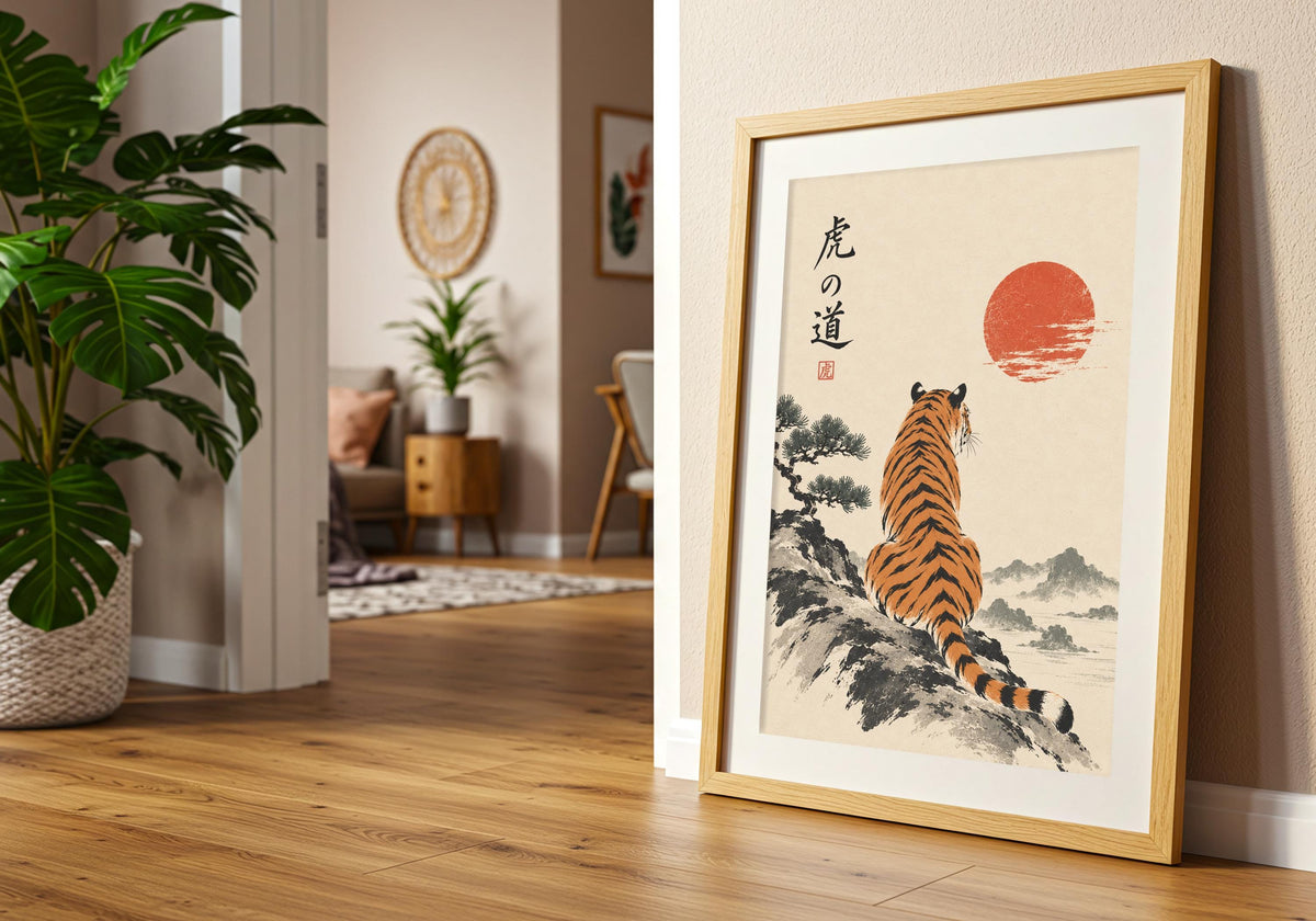 Against the console art, tiger beneath the crimson sun reads clearly as colourful art print.