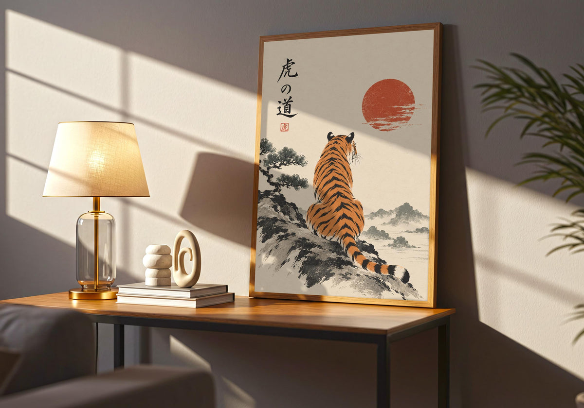 A final sideboard room view shows how tiger beneath the crimson sun works as gallery wall print.