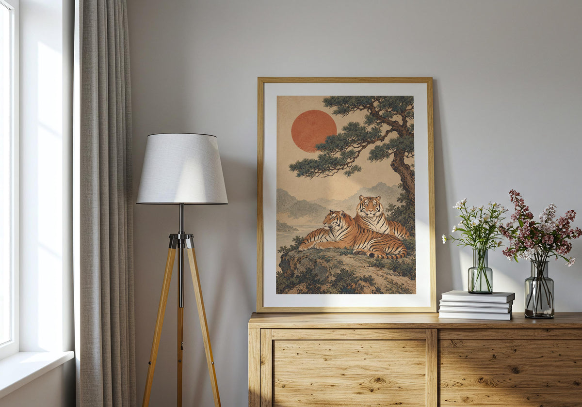 In the console room, framed tigers windswept pin shows tigers beneath the windswept pine.