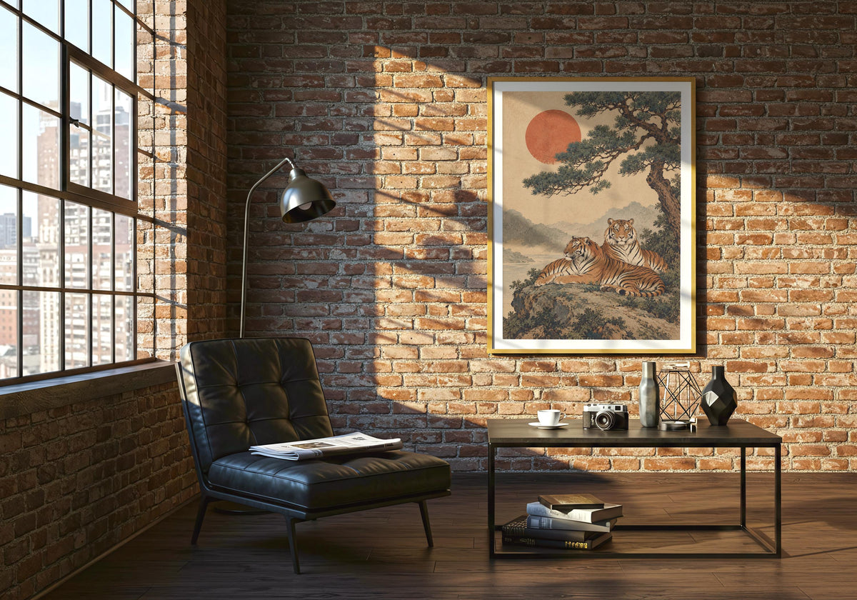 Tigers beneath the windswept pine hangs within the green lounge, styled as japanese wall art.