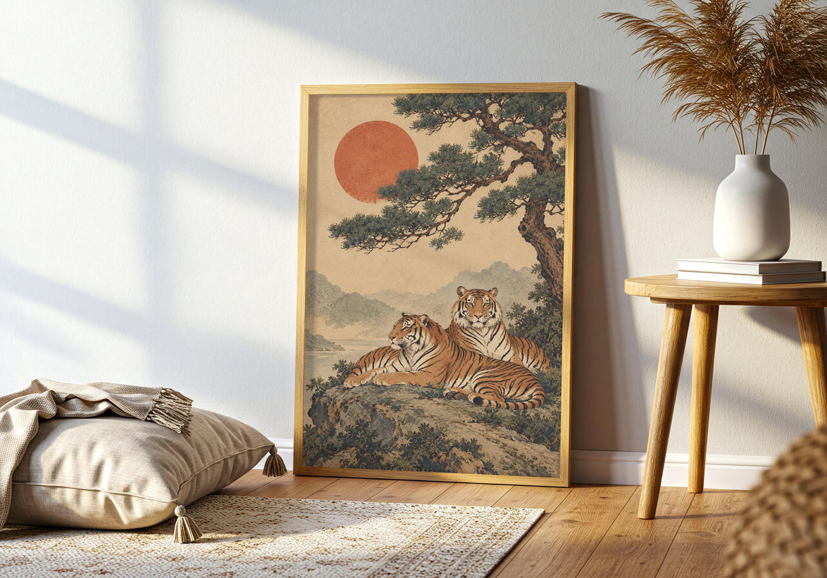 A closer living room view centres the framed japandi wall art featuring tigers beneath the windswept pine.