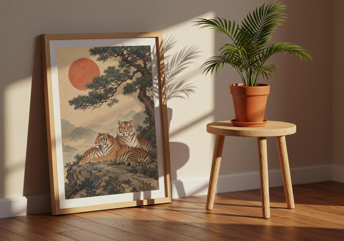Against the window room, tigers beneath the windswept pine reads clearly as colourful art print.