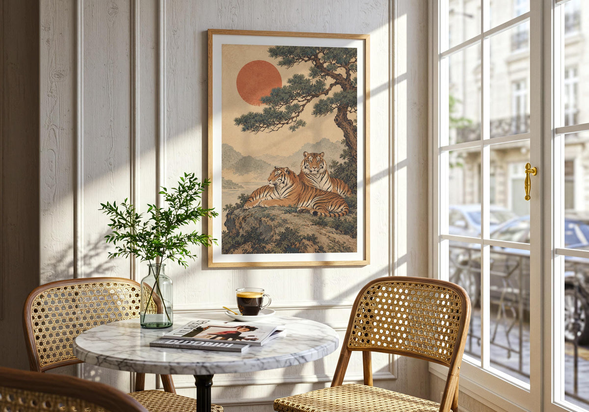 The contemporary console wall gives the portrait art print depiction of tigers beneath the windswept pine room to breathe.