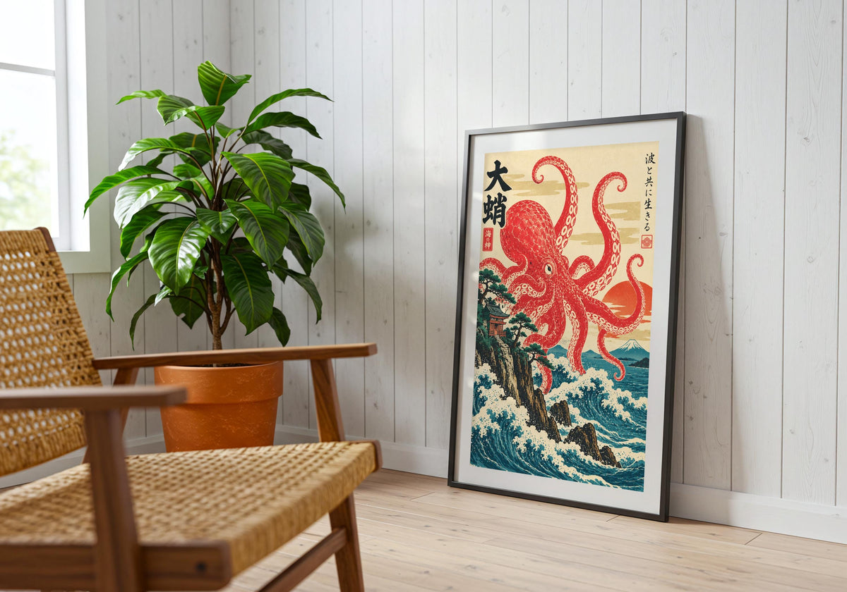 In the reading corner, framed ukiyo e octopus shows ukiyo-e octopus over coastal waves.